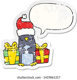 cute christmas penguin with speech bubble distressed distressed old sticker