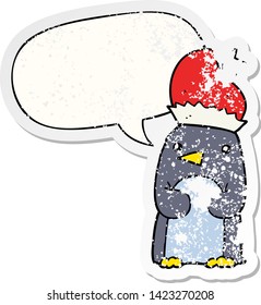 cute christmas penguin with speech bubble distressed distressed old sticker