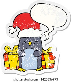 cute christmas penguin with speech bubble distressed distressed old sticker