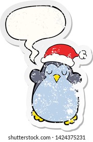 cute christmas penguin with speech bubble distressed distressed old sticker