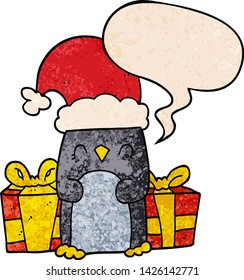 cute christmas penguin with speech bubble in retro texture style