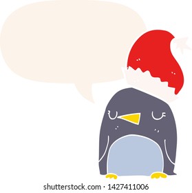 cute christmas penguin with speech bubble in retro style