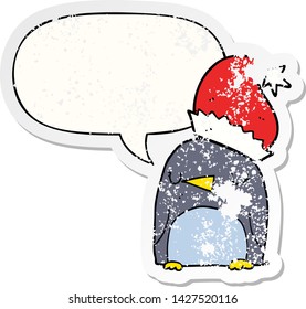 cute christmas penguin with speech bubble distressed distressed old sticker