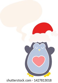 cute christmas penguin with speech bubble in retro style
