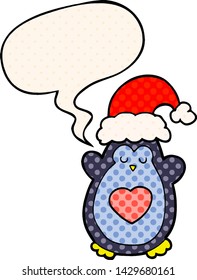 cute christmas penguin with speech bubble in comic book style