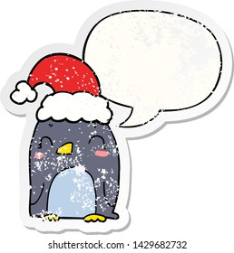 cute christmas penguin with speech bubble distressed distressed old sticker