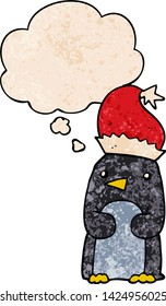pingüino de navidad adorable con burbuja de pensamiento al estilo de textura gruesa