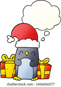pingüino de navidad adorable con burbuja de pensamiento en un estilo de gradiente suave