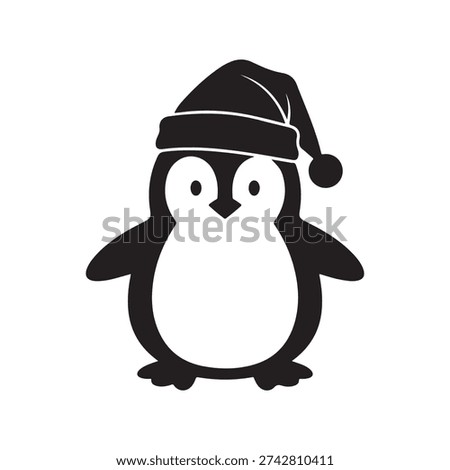 Cute Christmas Penguin Vector Illustration - Adorable Baby Penguin Silhouette Wearing Santa Hat for Winter Holiday and X-mas Decor