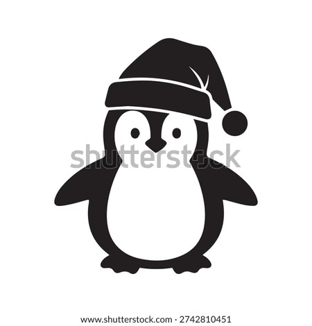 Cute Christmas Penguin Vector Illustration - Adorable Baby Penguin Silhouette Wearing Santa Hat for Winter Holiday and X-mas Decor