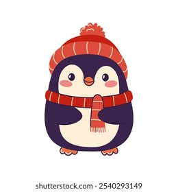 Cute christmas penguin wearing hat and scarf. Christmas penguin character isolated on a white background. Hand-drawn illustration