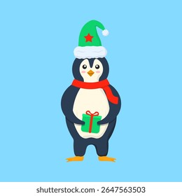 Pinguim de Natal bonito. Vetor de férias de inverno com cachecol e chapéu. Mascote adorável de pássaro polar para a saudação da estação festiva e alegre celebração do ano novo. Ilustração isolada de desenho animado com presente e gelo