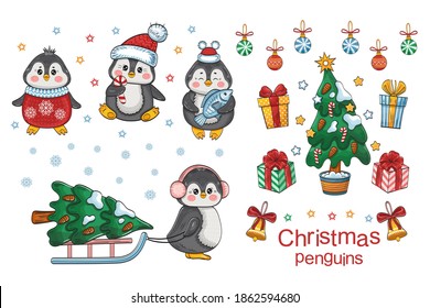 Cute Christmas penguin winter set. Group baby arctic animals in New Year hat and clothes with gift boxes and Сhristmas tree. Hand drawn cartoon elements for print. Holiday vector collection on white