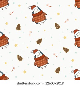 Cute Christmas penguins in hat with gingerbread, candy, stars and snowflakes vector seamless pattern on light background