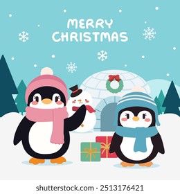 Cute Christmas Penguins with Igloo and Snowman in Winter Wonderland.  Adorable Penguins Celebrating Christmas with Gifts and Snowman. Festive Holiday Scene with Penguins, Igloo, and Snowflakes.