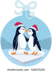 Cute Christmas Penguins Kissing Vector Cartoon - illustration of funny couple in love
