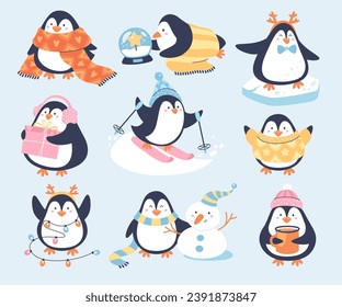 Cute Christmas penguins mascot celebrating winter holidays, having fun vector illustration set. Funny Antarctic bird skiing, making snowman, drinking hot beverage, warming, playing with festive toys