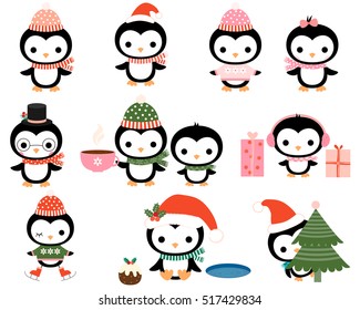 Cute Christmas penguins with scarves, hats, headphones, skates in flat style for greeting cards, invitations and baby shower designs