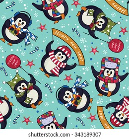 Cute Christmas penguins seamless pattern with candy canes and snowflakes