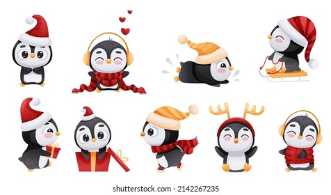 Cute Christmas penguins set. Adorable funny baby bird cartoon character in winter leisure activities vector illustration