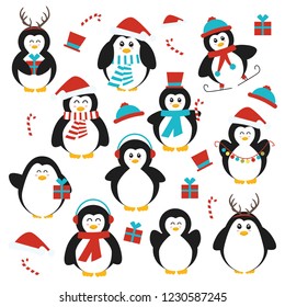 Cute Christmas penguins set. Penguin cartoon illustration. Christmas characters.