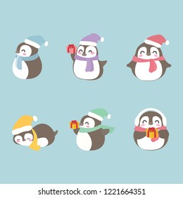Cute Christmas penguins set. Vector cartoon character of funny animals in costumes and with gifts. Winter illustration for holiday design.Winter symbol. Christmas and New Year design element.