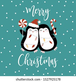 Cute Christmas penguins with slogan on green background. Perfect for tee shirt logo, greeting card, poster, invitation or print design. You can find the matching seamless pattern in my Christmas set.