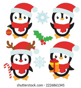 Cute Christmas penguins vector cartoon illustration