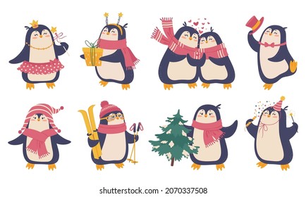 Pingüinos de navidad. Conjunto de vectores de personajes de animales bebés.  Ilustración de dibujos animados de Año Nuevo.