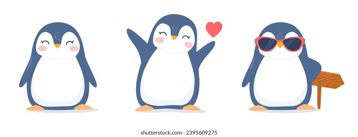 Cute Christmas Pinguine.Vector setzt Tierzeichen. Cartoon-Illustration für das neue Jahr.  Einziger Pinguin-Pinguin-Polar. Silvester Illustration für Einladungen, Grußkarten, Tapete, Geschenkpapier.