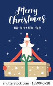 Cute Christmas picture with merry Santa Claus and big gift. Happy winter holidays. Xmas layout creative card. Design element for New Year banners, posters, flyers. Vector seasonal illustration.