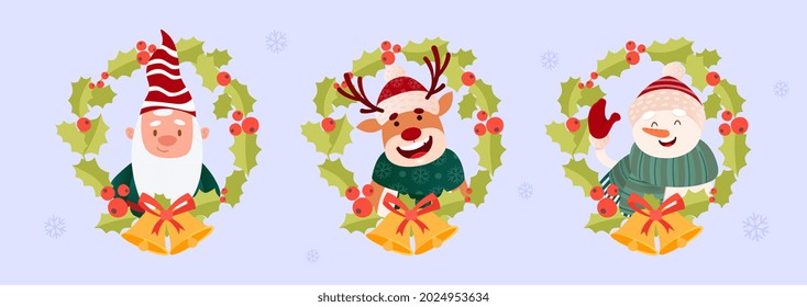 Cute Christmas picture. Santa claus, deer and snowman wish New Year. Happy holidays. Festive wreaths for Christmas. Posters and stickers for kids. Cartoon flat vector set isolated on blue background