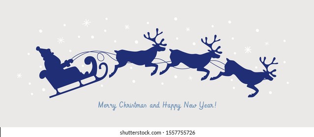 Cute Christmas picture with silhouette of Santa Claus in a sleigh pulled by deer. Happy winter holidays. Xmas layout creative card. Design element for New Year banners, posters, flyers.