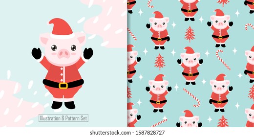 CUTE CHRISTMAS PIG ANIMAL SEAMLESS PATTERN WITH ILLUSTRATION SET FOR BABY SHOWER