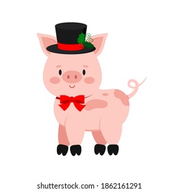 Cute christmas pig with curly tail isolated on white background. Funny x-mas farm little pig icon with snowman hat and bow tie. Flat design cartoon style vector animal character illustration. 