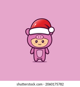 Cute of Christmas pig mascot. Isolated on pink background