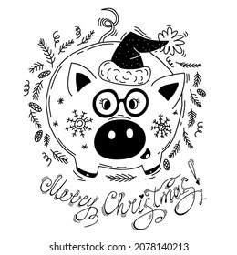 Cute Christmas pig piggy bank. Vector illustration in hand doodle style. Pig piggy bank in Santa Claus hat with New Years decor, pine cones and Christmas trees. Outline, linear sketch of character