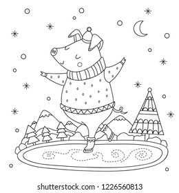 Cute christmas pig skating on the ice. Pig coloring page. Kids coloring book illustration.