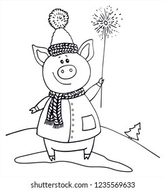 Cute christmas pig with a sparkler, outside in the snow. Dressed in a winter coat and hat. Black and white vector for card or gift. For coloring. 