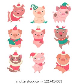 Cute Christmas piggies collection. Vector illustration of funny cartoon pigs in different costumes, such as Elf, Santa and Rudolph. Isolated on white.