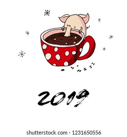 Cute christmas piggy drinking hot chocolate. Symbol of 2019 year. Winter holidays. Christmas and new year calligraphy. Hand written modern brush lettering. Hand drawn design elements. Festive card.