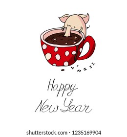 Cute christmas piggy drinking hot chocolate. Symbol of 2019 year. Winter holidays. Christmas and new year calligraphy. Hand written modern brush lettering. Hand drawn design elements. Festive card.