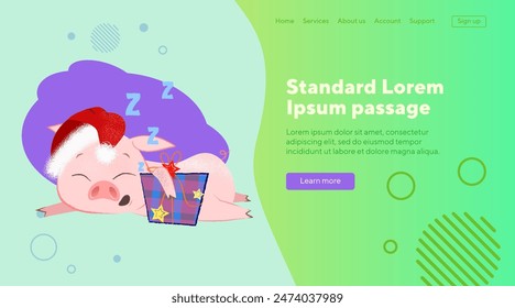 Cute Christmas piggy hugging present box and sleeping. Christmas eve night concept. Vector illustration can be used for banner design, festive poster, landing page