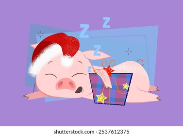 Cute Christmas piggy hugging present box and sleeping. Christmas eve night concept. Vector illustration can be used for banner design, festive posters, greeting cards