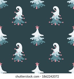 Cute christmas pine trees seamless pattern on greyish bue background. Hand drawn flat vector illustration.