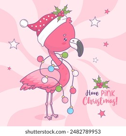 Cute Christmas pink flamingo in Santa hat with festive garland. Funny holiday cartoon kawaii bird character. Vector illustration. Cool Xmas card. Kids collection