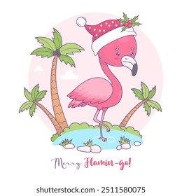 Cute Christmas pink flamingo in Santa hat with holly. Funny holiday cartoon kawaii bird character on tropical island with palm trees. Vector illustration. Cool Xmas card. Kids collection.