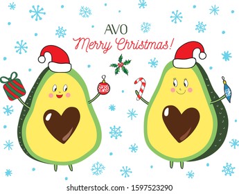 Cute Christmas placement print with avocado pun joke - vector illustration with two happy kawaii avocados wearing Santa hats with lettering words Avo Merry Christmas