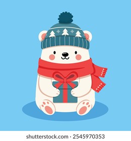 Cute Christmas Polar Bear Holding Gift Box. The bear is wearing a cozy winter hat with a Christmas pattern and a red scarf. Festive holiday feel, perfect for Christmas and winter-themed designs.