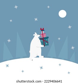 Cute Christmas Polar Bear with presents. Winter holidays template, Merry Christmas concept. Vector illustration.